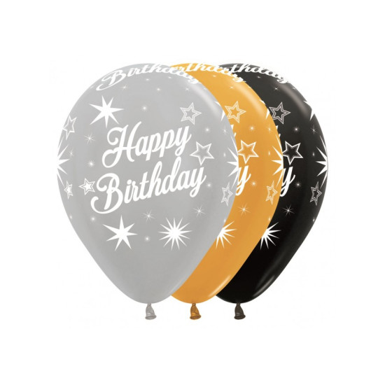 12 inch LATEX ROUND BALLOONS METALLIC ASSORTED HAPPY BIRTHDAY SPARKLES DELUXE